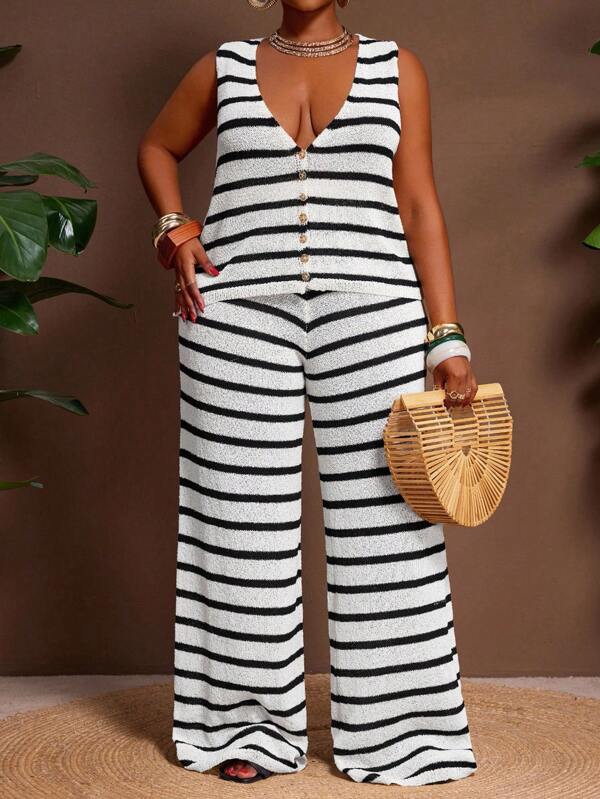 Veslaya Women Plus Size Holiday Casual Striped Knit Vest And Pants Set Striped Two Pieces Set Women 2 Pieces Sets Women Vacation Outfit Sets Striped Two Pieces Pants Set Black And White Striped Two Pieces Set Winter Fall Autumn