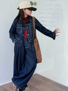 DAZY 青少年女孩休闲长袖纽扣上衣和阔腿牛仔裤两件套秋冬 - 藍色 - 查看 7