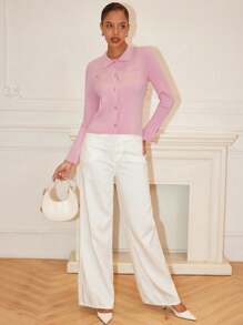 Chiquease Cárdigan casual de mujer de un solo botonadura, de unicolor y de manga larga con costillas - Rosado Sandía - Ver 6