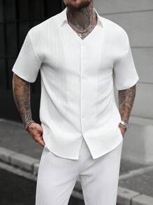 Manfinity CasualCool 男士休閒白色夏季度假兩件套，短袖鈕扣襯衫與長褲，純色單排扣套裝，極簡日常穿著正裝 - 白色 - 查看 3