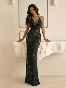 Vowa Elegant, Romantic, Fashionable, Sexy, Dark Green, Lace Fabric, Halter Neck, Swing Collar, Backless, See-Through, Maxi Dress, Suitable For Nightclubs, Parties, Vacations, Cocktail Parties, Afternoon Tea Wear, Cocktail Dresses, Valentine's Day - Green - View 3