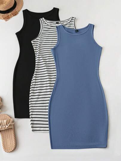 SHEIN LUNE Set de 3 piezas Vestido minimalista casual de talla grande para uso en exteriores y en el hogar, festivales, verano, primavera, playa, Día de San Patricio, Pascua, vacaciones de verano, fiestas, conciertos country para mujeres