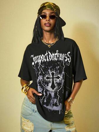 Street Life Letter & Cross Print Summer Short Sleeve Round Neck T-Shirt