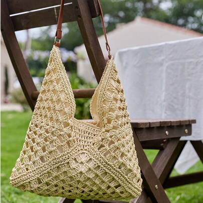Cirelle 时尚手工编织镂空草编单肩包 - 波西米亚风夏季沙滩包，适合度假、郊游、露营和派对