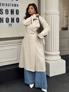 SHEIN LUNE Plus Size Women's Autumn Double-Breasted Belted Lapel Long Sleeve Windbreaker Fall Winter Cloth For Women