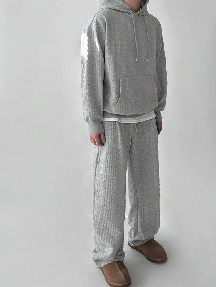 Men's Solid Color Textured Fabric Grey Hoodie Set, Autumn