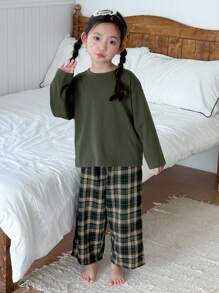 DAZY Conjunto de pijama de blusa de manga larga y pantalón a cuadros para niñas, otoño e invierno - Verde militar - Ver 5