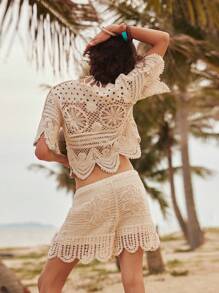 Bohemela 前扣扇贝边开衫和针织短裤 - 杏色 - 查看 1