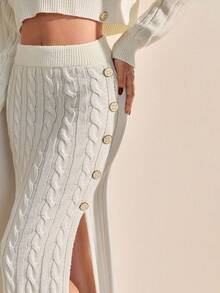 EURMUSE Set de femei cu pulover și fustă, tricotate în culori solide, cu guler înalt, cu detalii și nasturi