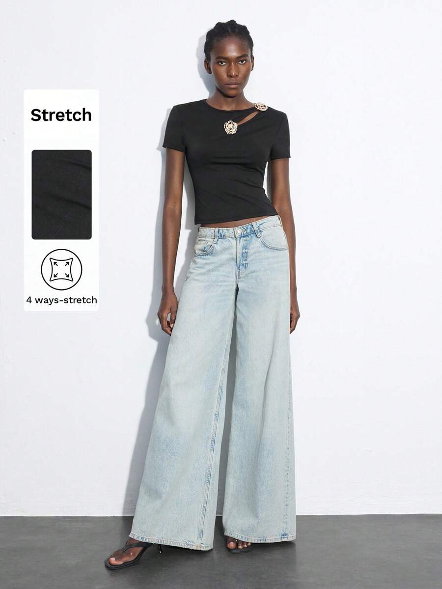 Maija 2025春夏女装时尚百搭玫瑰金属装饰镂空肩部短袖T恤，适合音乐节 - 黑色 - 查看 1