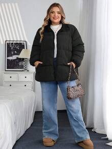 SHEIN CURVE+ Cappotto imbottito in pile spesso, impermeabile, di colore tinta unita, casual e semplice, adatto per l'inverno, taglie comode