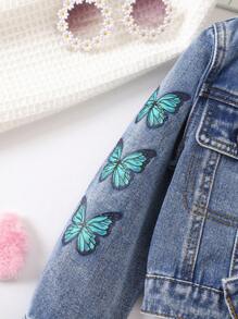 Young Girls Denim Jacket And Coat, Girls Casual Fashion Sweet All Season Arm Print Blue Butterfly Pattern Utility Denim Long Sleeve Blue Jacket, Casual & Sporty - Blue - View 5