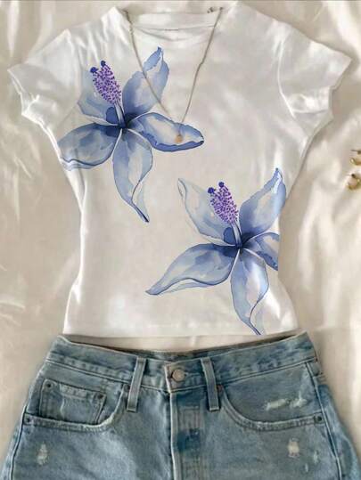 Attitoon 蓝色花卉图案女士圆领短袖修身T恤，适合夏季