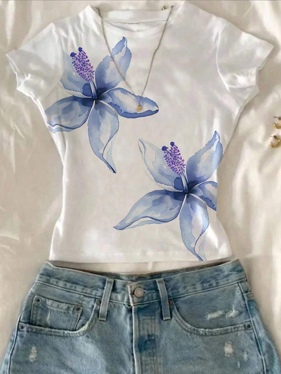 Attitoon Áo thun nữ cổ tròn tay ngắn họa tiết hoa màu xanh, phù hợp cho mùa hè - trắng - Xem 1