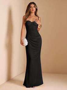 SHEIN BAE 夏季女式蕾丝拼布吊带裙，适合毕业派对、婚礼宾客礼服、约会、宴会、派对、姐妹聚会 - 黑色 - 查看 4