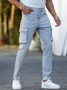 Manfinity Homme 男士街头时尚休闲多口袋紧身灰色牛仔裤 - 灰色 - 查看 6