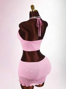 Amplova 女式性感亮片露背吊带上衣和迷你裙两件套