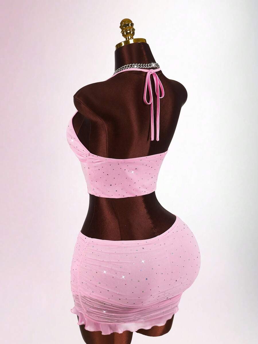 Amplova 女式性感亮片露背吊带上衣和迷你裙两件套