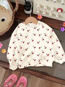 SHEIN Happikins Baby Girl Cream White, Cute Sweet Mini Cherry Pattern, Casual Loose Fit Crew Neck Soft Knit Pullover Sweatshirt, Suitable For Autumn/Winter, Summer For Easy Comfort, Autumn Layers For, Stylish, Casual Wear, Graphic, Back To School, Fall, Homecoming Cherry Cherry Top Cherry Shirt Long Sleeve Top Girl