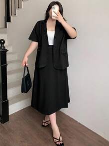 Dazy Plus 2件套女士加大码商务休闲纯色翻领西装外套和直筒裙 - 黑色 - 查看 4