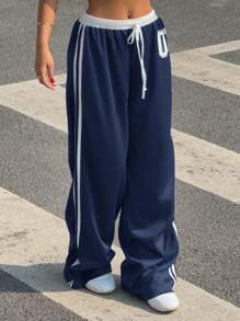 SHEIN EZwear 加大码女式数字印花抽绳腰阔腿宽松休闲裤，假日 - 藏蓝色 - 查看 6