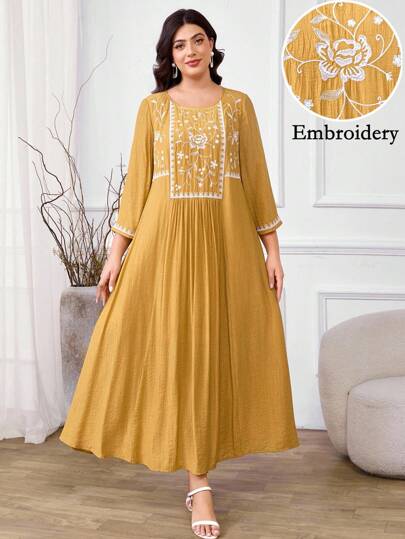 Al Najma Plus Size Women's Embroidered Round Neck Long Sleeve Maxi Arabian Dress
