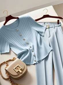 Franclia 新款夏季法式宽松罗纹修身休闲通勤女式针织开衫针织毛衣休闲穿搭春季大学服装