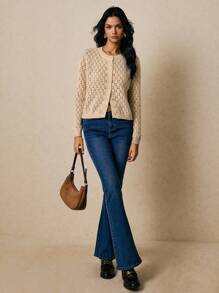 Poéselle Beige Crochet Knit Cardigan – Long Sleeve Hollow Out Button Down Sweater For Women,Crochet Cardigan Women,Knit Cardigan Sweater,Button Down Cardigan,Beige Knit Cardigan,Lightweight Cardigan,Boho Cardigan Women, Knitted Cardigan For Women In Fall/Winter - Apricot - View 6