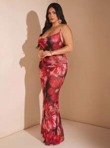 SHEIN BAE 大码女式优雅白色露肩3D花裙，适合优雅度假、音乐节、海滩度假、婚礼宾客 - 紅色 - 查看 4