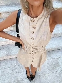 Siren Gaze Women's Solid Color Single-Breasted Waist Ruched Casual Sleeveless Mini Dress Summer