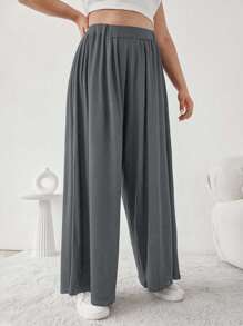 EURMUSE Plus Solid Strechy Viscose Fabric Wide Leg Pull On Summer Pants - Dark Grey - View 4