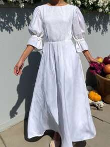 INAWLY 女士时尚休闲复古简约优雅浪漫性感露背纯色连衣裙