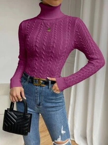 SHEIN 休闲纯色高领修身毛衣，秋冬针织套头衫 - 中紫紅色 - 查看 4