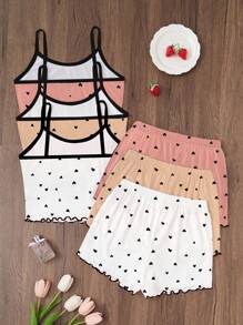 SHEIN 3件套心形印花吊带背心和短裤睡衣套装可爱睡眠套装两件套睡衣套装心形睡衣套装女士可爱套装女士睡衣套装 - 彩色 - 查看 2