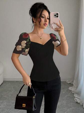 Rafferiza Square Neck Puff Sleeve Embroidered Floral Women Blouse