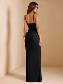 SHEIN BAE 夏季女式蕾丝拼布吊带裙，适合毕业派对、婚礼宾客礼服、约会、宴会、派对、姐妹聚会 - 黑色 - 查看 2