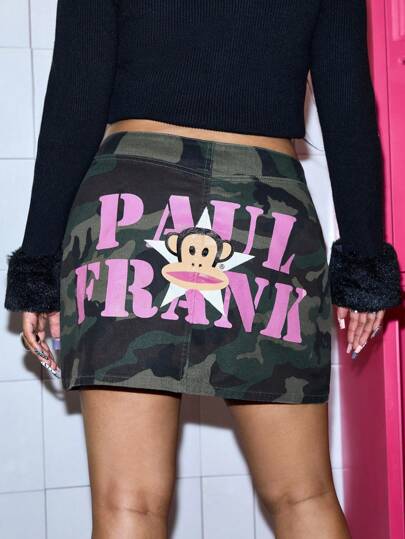 Paul Frank X ROMWE Camouflage Denim Rock mit Cartoon- und Buchstabendruck in Große Größen, Urlaubskollektion