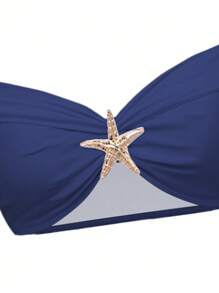 Swim Oasis 3pcs/Set Summer Vacation Solid Color Sexy Golden Accessories Bandeau Off Shoulder Bikini Set With High Waist Front Twist Maxi Dress - Blue - View 4