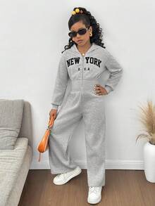 SHEIN Tween Girl Fashion Minimalist Solid Color Hooded Zip-Up Printed Letter Sweatshirt & High Waist Loose Straight Leg Pants Set Sweatsuit Set Girls Tween Girl Sweatsuit Girls 2 Piece Sweatsuit Teen Sweatsuit 2 Piece Sweatsuit Girls Girls Sweatsuit Fall Winter Sweatshirt Straight Pants Suit Tween Girl Hoodie And Pants Pre Teen Girls Teen 3pc Sweat Suit - Grey - View 3