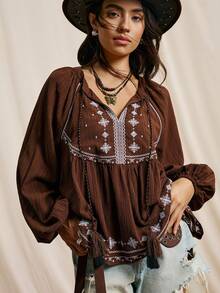 Easelle Áo cánh tay đèn lồng thêu họa tiết phong cách nghỉ dưỡng giản dị cho nữ, mùa xuân/thu - màu nâu - Xem 9