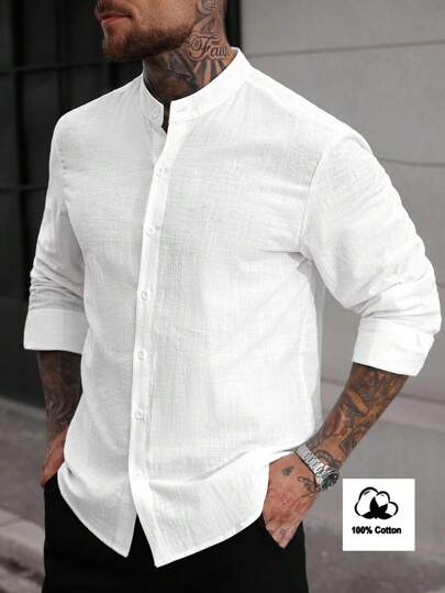Manfinity CasualCool Men's Casual Solid Color Long Sleeve Shirt Men White Linen Shirt Men White Casual Shirt Men Textured Shirt Pure Cotton Men Shirt, White Shirt For Men, Men Summer, Fall, Old Money Style