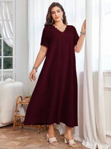 Lacomfia 女式 V 领短袖蕾丝拼布纹理提花面料优雅休闲大码连衣裙，夏季 - 紅色 - 查看 3