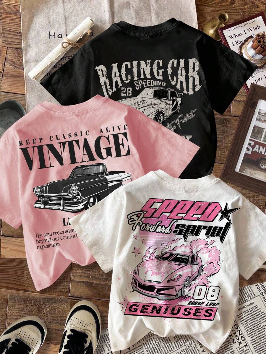 3pcs Tween Girls' Casual Minimalist Vintage Car Graphic White & Black T-Shirts, Suitable For Summer - Multicolor - View 1