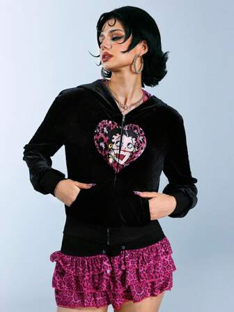 Betty Boop | ROMWE Y2K Style Sweet & Spicy Betty Heart Embroidery Sequin Pink Leopard Heart Velvet Sweatshirt For Women