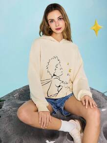 LE PETIT PRINCE X SHEIN 女士休闲卡通人物与字母图案落肩宽松连帽衫，适合春秋季 - 米色 - 查看 6