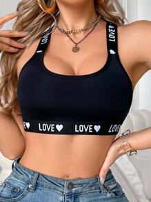 女士字母及心形提花交叉后背胸罩 - 黑色 - 查看 1