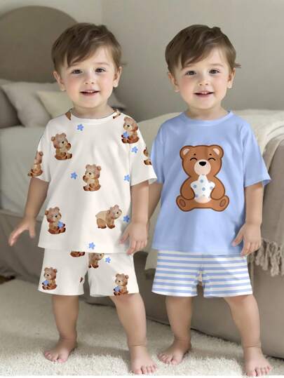 SHEIN 2pcs/Set Baby Boy Loose Casual Teddy Bear Print Pajama Set, Comfortable For Home Wear In Summer Toddler Summer Pajama Baby Boy Clothes With Bears Baby Boys 2pcs Toddler Sleepwear Baby Boy Pajamas