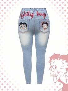 Betty Boop | ROMWE Quần Jeans Skinny Họa Tiết Hoạt Hình Cỡ Lớn - Màu xanh nhạt - Xem 1