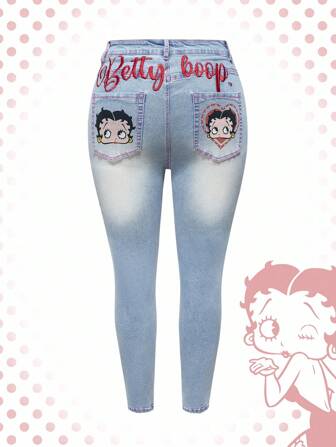 Betty Boop | ROMWE Jeans skinny con grafica di figure cartoni animati, taglie comode
