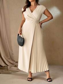 Roveilla 大码女式优雅简约 V 领褶皱宽松休闲度假办公室商务及踝长连衣裙，纯色落肩 - 杏色 - 查看 5